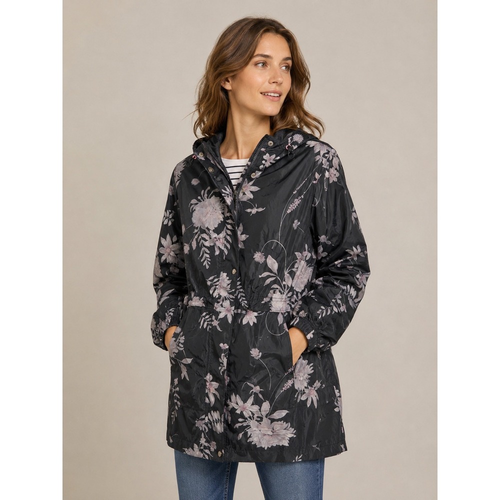 Joules Right As Rain Floral Waterproof Parka Jacket Black Pink US 16 UK 20